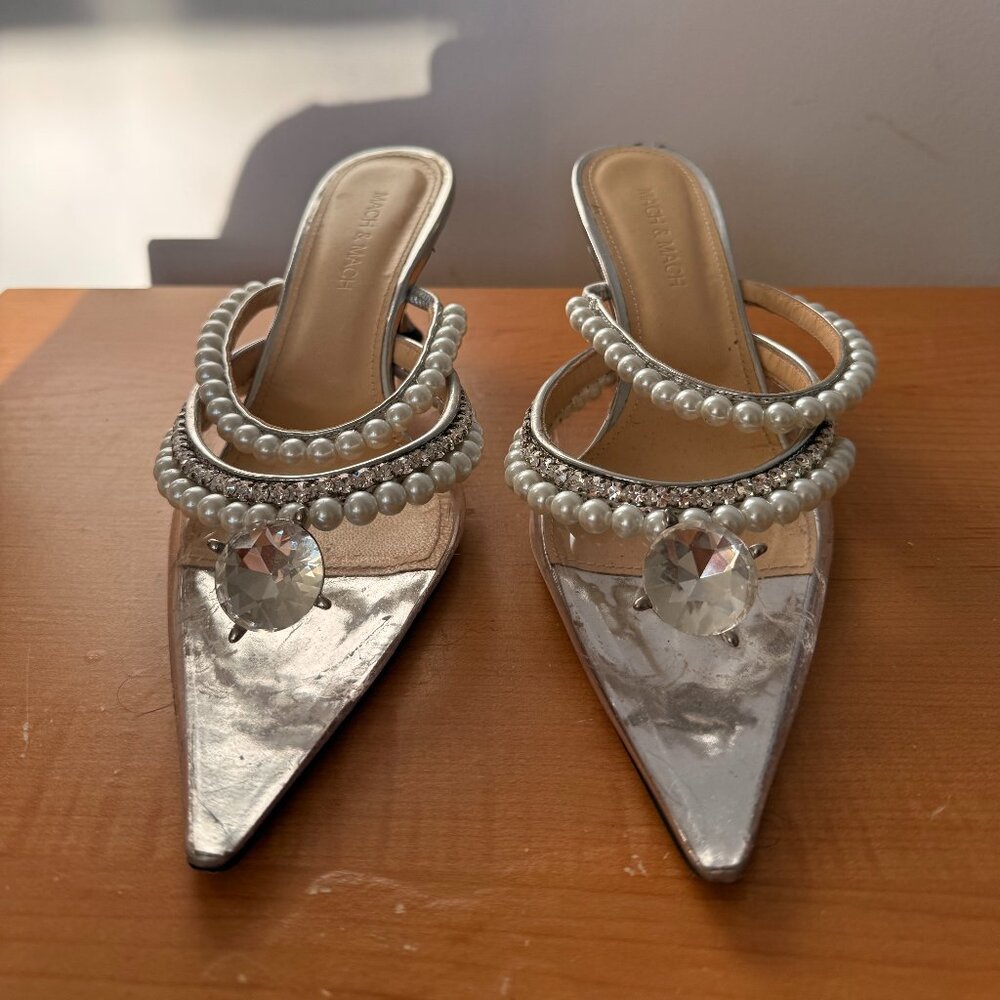 MACH & MACH Pearl Crystal Embellished Clear PVC Mules Kitten Heels Size IT 37